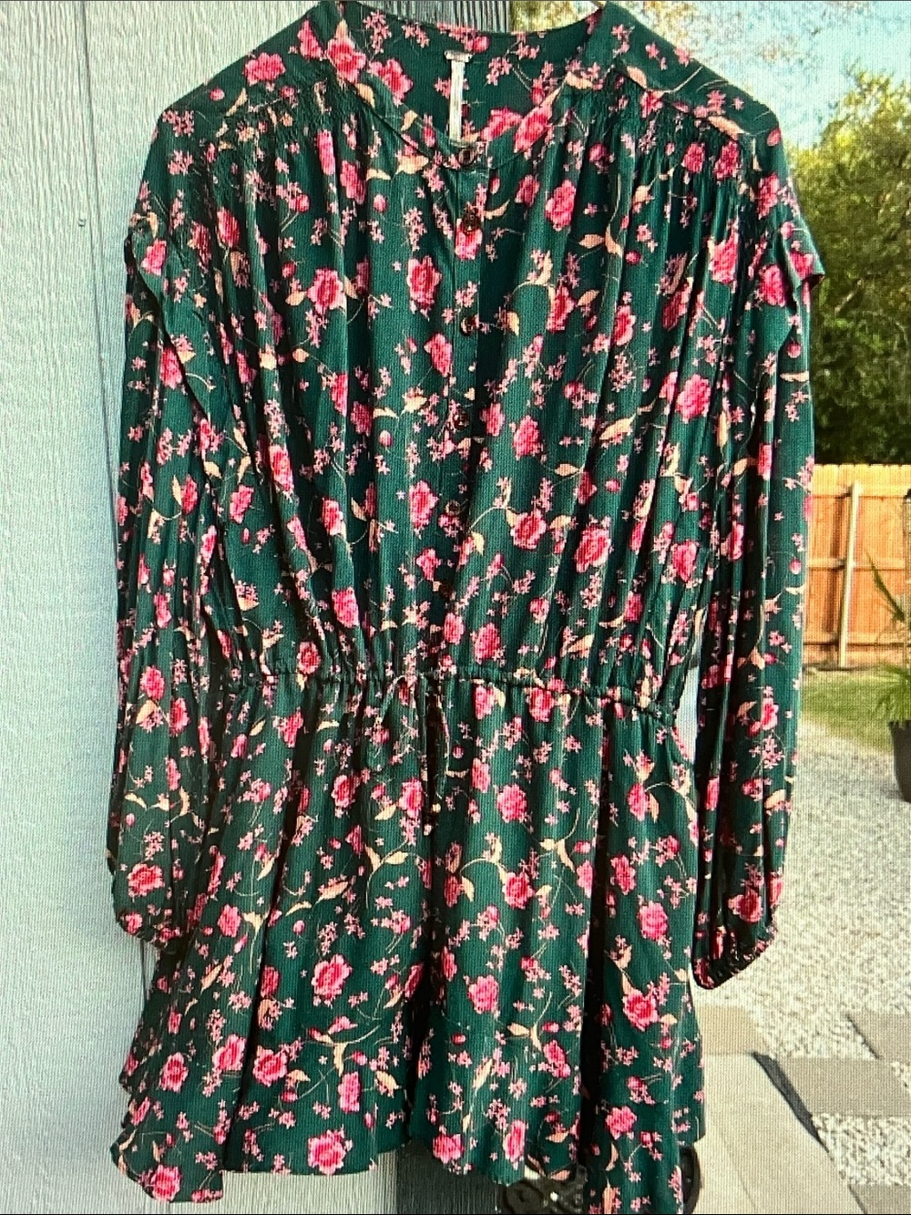 Free People Green Floral Mini Dress with Pink Roses